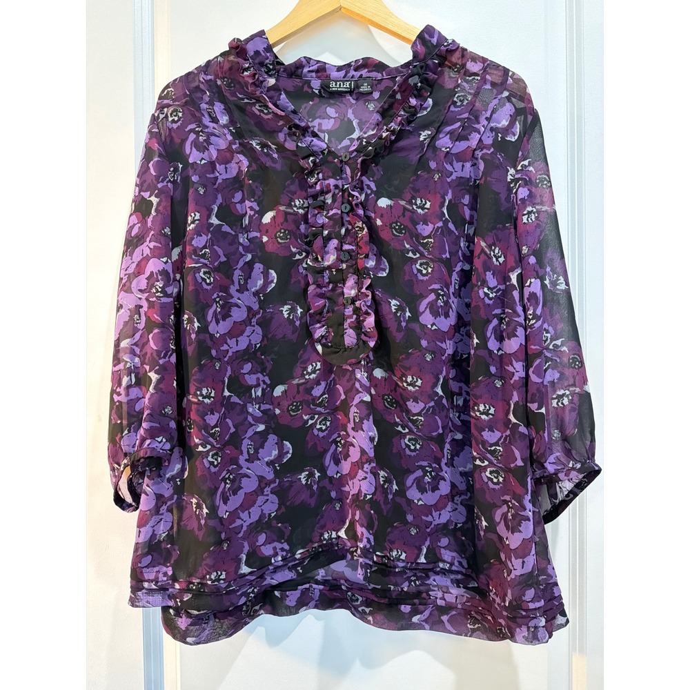 ANA A New Approach Purple Floral Ruffle V-Neck Blouse Semi-Sheer Plus Size 1X